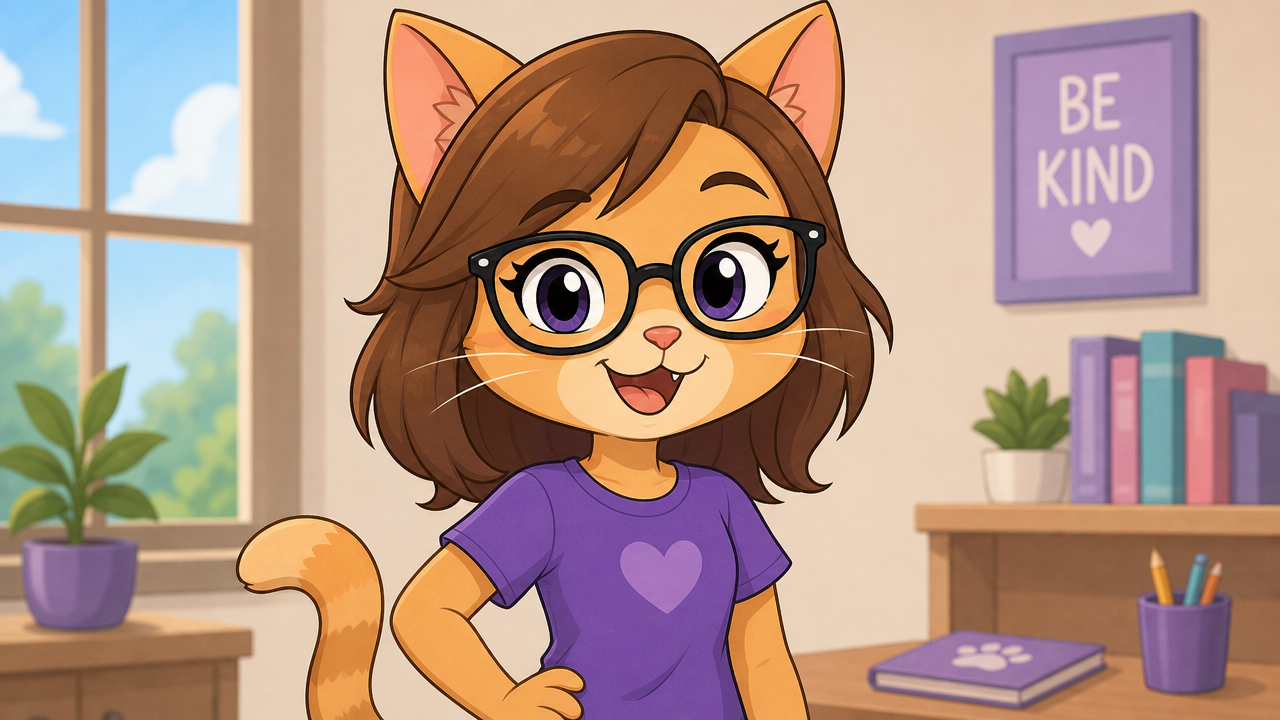 Cartoon drawing of Mia, a cat girl with brown hair and black glasses in a purple heart t-shirt